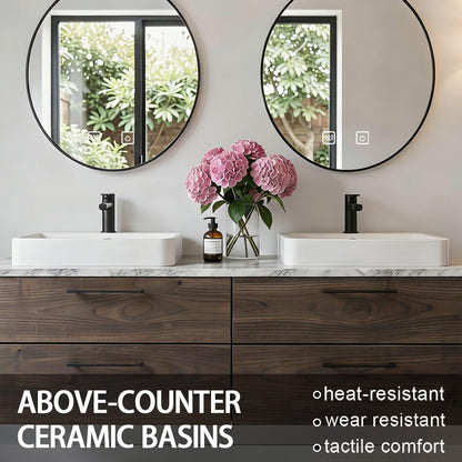60”-84”Double Sink Floating Bathroom Vanity with Black Round Mirrors, Dark Wood Cabinet & Marble Top