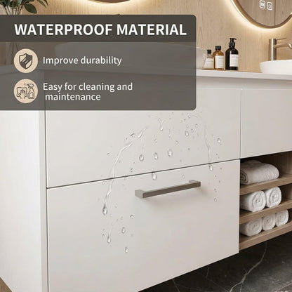 60”-84”Double Sink Floating Bathroom Vanity with LED Round Mirrors, White Cabinet & Stone Top