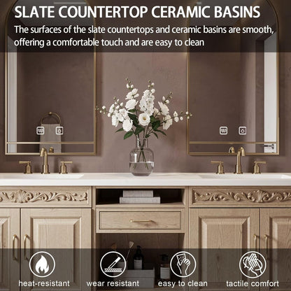 60”-84”Double Sink Floating Bathroom Vanity with Gold Arch Mirrors, Light Oak Carved Cabinet