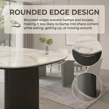 60"-80"Oval White Marble Dining Table with Black Base, Modern Kitchen Table for 6