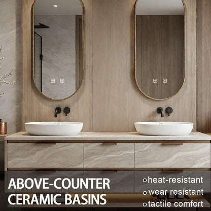 60”-84”Double Floating Vanity, Light Beige Cabinet with LED Backlit Mirror
