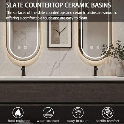 60”-84”Double Sink Floating Bathroom Vanity with Oval LED Mirrors, Dark Gray Wood Cabinet