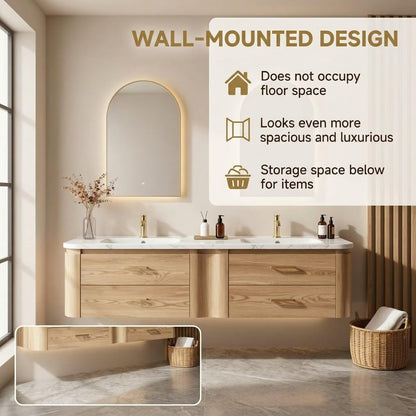 60"-84"Wall Mounted Oak Bathroom Vanity with Double Sinks & 4 Drawer Storage