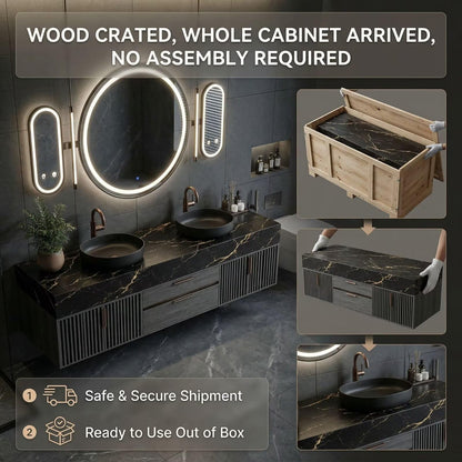 60"-96"Luxury Bathroom Vanity Set with Black Marble Countertop & Storage Drawers
