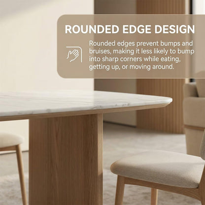 60"-80"White Marble Dining Table with Light Wood Base, Minimalist Rectangular Kitchen Table