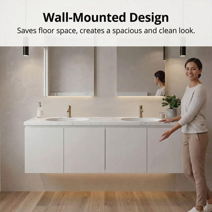 60”-96”Modern White Wall-Mounted Vanity with Double Sinks, Marble Top & LED Lighting