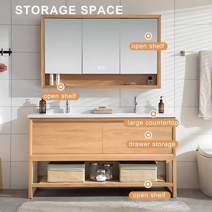 60”-76”Double Sink Freestanding Bathroom Vanity with Mirror Cabinet, Light Oak Wood Cabinet