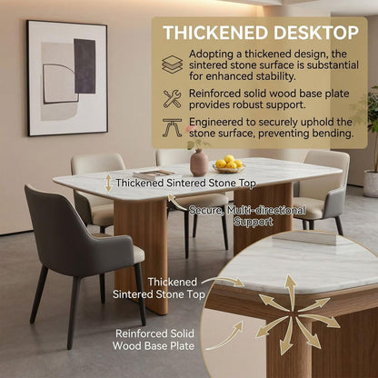 60"-80"Modern White Marble Dining Table Set with 4 Upholstered Chairs, Wood Legs