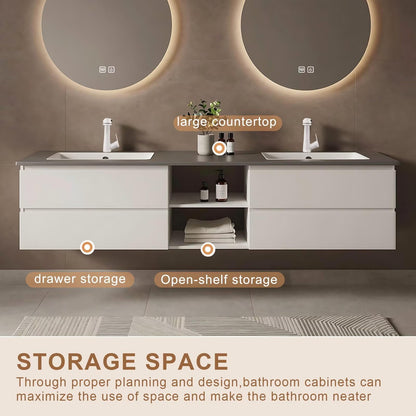 60”-84”Double Sink Floating Bathroom Vanity with 2 Round LED Mirrors, White Wall Mounted Vanity with Open Storage Shelf