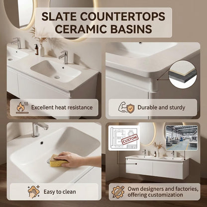 60”-96”Modern Wall Mounted Bathroom Vanity with Matte White Finish & Dual LED Mirrors