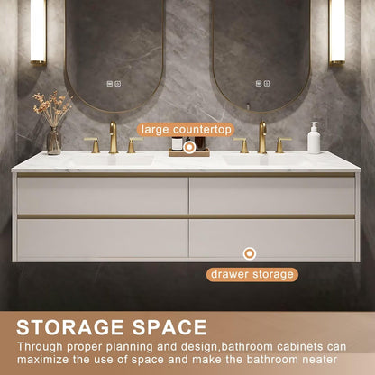 60”-84”Double Sink Floating Bathroom Vanity, White & Gold Cabinet with Arch LED Mirrors