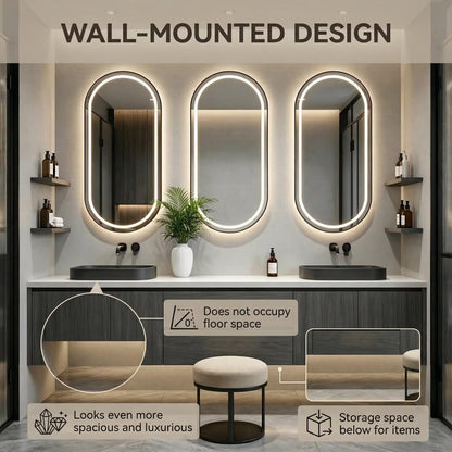 60"-96"Dark Wood Floating Bathroom Vanity with Double Sinks & LED Oval Mirrors