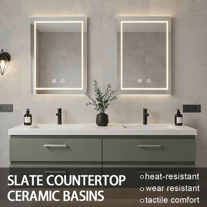 60”-84”Double Sink Floating Bathroom Vanity with LED Mirrors, Sage Green Cabinet & Silver Hardware