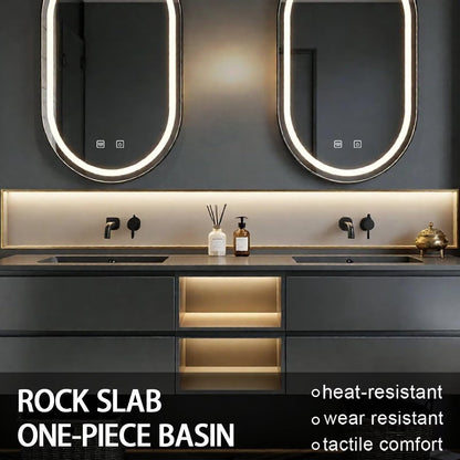 60”-84”Double Sink Floating Bathroom Vanity with LED Oval Mirrors, Dark Gray Cabinet & Gold Accents