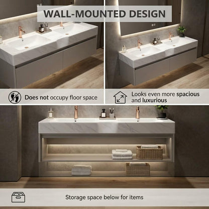 60"-84"Contemporary Bathroom Vanity with Touch Control LED Mirror & Soft-Close Doors