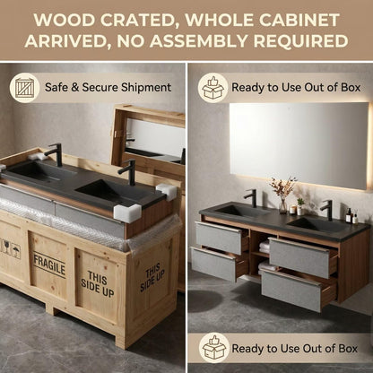 60"-96"Wall-Mounted Bathroom Vanity with Black Countertop & Open Towel Shelf