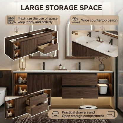 60"-96"Dark Walnut Floating Bathroom Vanity with LED Arched Mirrors & Open Shelves