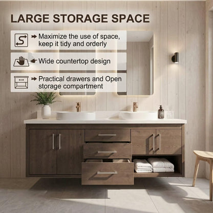 60"-96"Modern Wood Vanity with Stone Countertop, Drawers & Open Storage