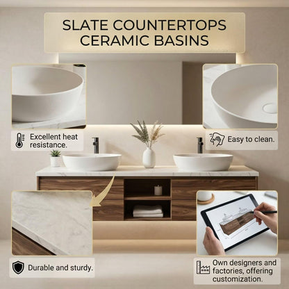 60"-84"Modern Walnut Floating Bathroom Vanity with Double Vessel Sinks & Marble Top