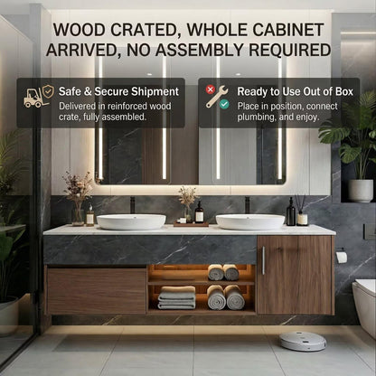 60”-96”Modern Floating Bathroom Vanity with Marble Top, LED Open Shelf & Smart Mirror