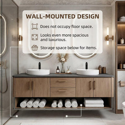 60”-96”Oak Floating Double Sink Vanity with LED Oval Mirrors & Open Storage