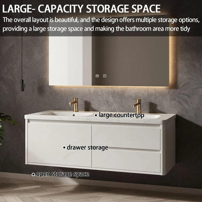60"-78"Floating White Bathroom Vanity with Double Sinks & Backlit LED Mirror Cabinet