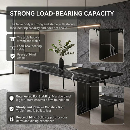 60"-80"Modern Black Stone Dining Table, Rectangular Marble Table with Sleek Metal Legs