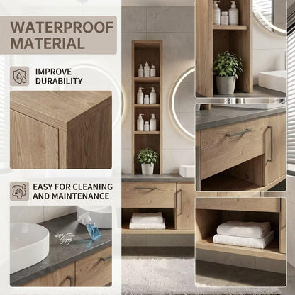 60"-96"Light Oak Floating Bathroom Vanity with Double Vessel Sinks & LED Round Mirrors
