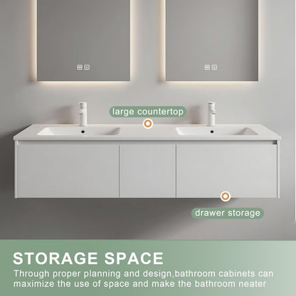 60”-84”Double Sink Floating Bathroom Vanity, White Modern Cabinet with Backlit LED Mirrors