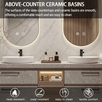 60"-84"Light Wood Bathroom Vanity with Double Vessel Sinks & Gold Framed LED Mirrors