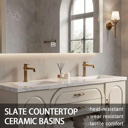 60"-84"Wall-Mounted French Country Bathroom Vanity with Recessed Storage & Lighted Mirror