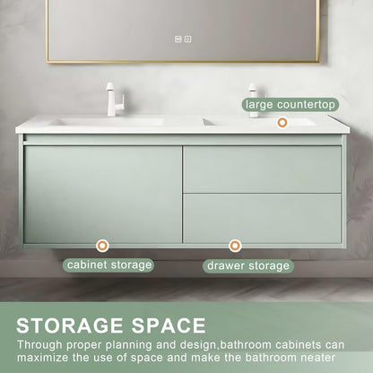 60”-84”Double Sink Floating Bathroom Vanity, Sage Green Cabinet with Gold Framed LED Mirror