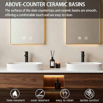 60”-84”Double Sink Floating Bathroom Vanity with Gold Arch LED Mirrors, Walnut Wood Cabinet