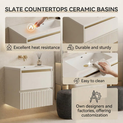 60"-96"Modern Wall-Mounted Vanity with Double Sinks & Gold Trim