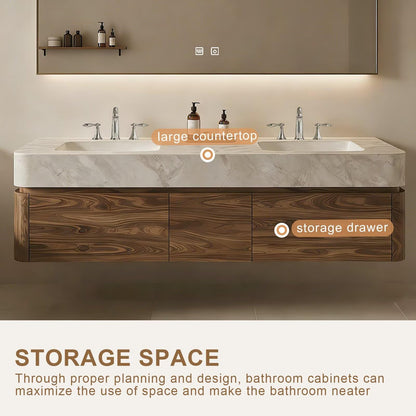 60”-84”Wall Mounted Double Sink Bathroom Vanity with LED Mirror, Wood Floating Cabinet with Marble Stone Top, Modern Minimalist