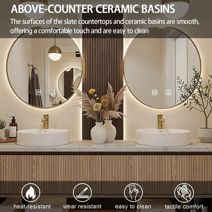 60"-84"Light Wood Bathroom Vanity with Double Sinks & Backlit Round Smart Mirrors