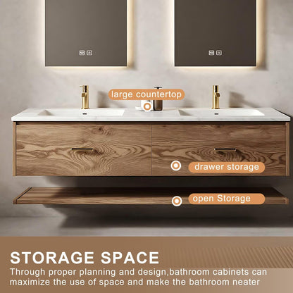 60”-84”Double Sink Floating Bathroom Vanity with 2 LED Backlit Mirrors, Wall Mounted Oak Vanity with Marble Top & Open Shelf