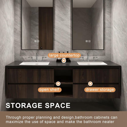 60”-84”Double Sink Floating Bathroom Vanity, Dark Walnut Cabinet with Open Shelf & LED Mirrors