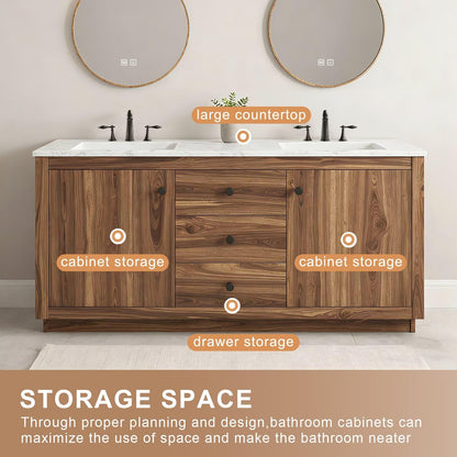 60”-84”Double Sink Freestanding Bathroom Vanity, Solid Walnut Cabinet with Round LED Mirrors