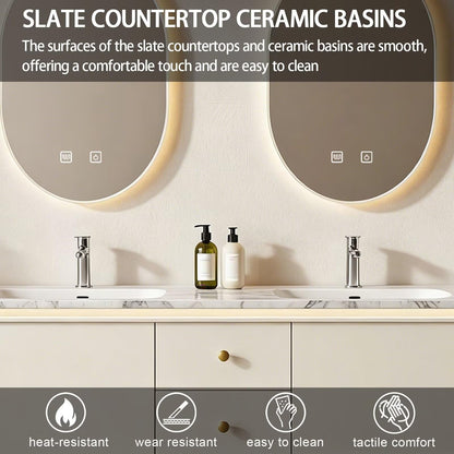 60"-84"Modern Cream Floating Bathroom Vanity Set with Marble Top & Open Shelf