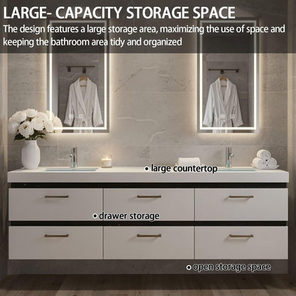 60”-84”Double Sink Floating Bathroom Vanity with LED Rectangular Mirrors, White Modern Cabinet