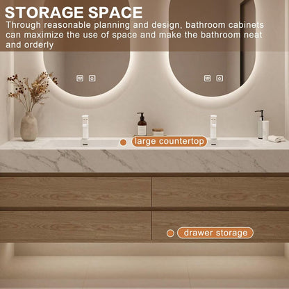 60”-84”Light Wood Floating Bathroom Vanity with Marble Top & Dual LED Mirrors