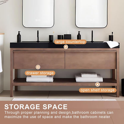 60”-84”Double Sink Freestanding Bathroom Vanity, Light Oak Cabinet with Black Marble Top