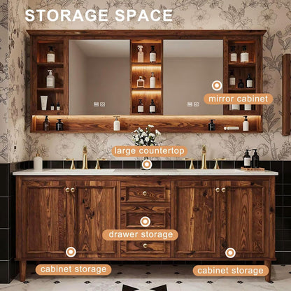 60”-96” Double Sink Freestanding Bathroom Vanity with LED Mirror Cabinet, Solid Wood Vanity with Storage Drawers & Doors