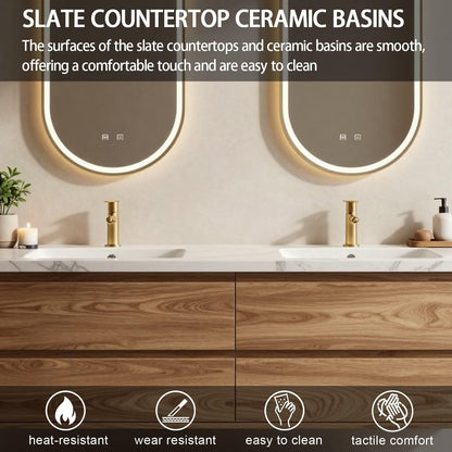 60"-84"Floating Oak Bathroom Vanity with Double Sinks & Oval LED Backlit Mirrors