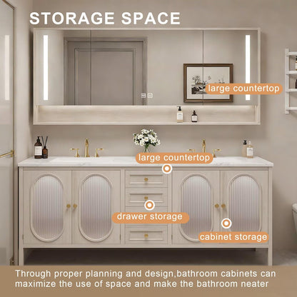 60”-84”Double Sink Bathroom Vanity with LED Mirrors, Wood Floating Cabinet with Marble Top, Modern French Country Style, Beige