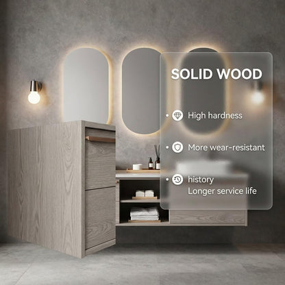60"-96"Light Wood Floating Bathroom Vanity with Double Sinks & LED Oval Mirrors
