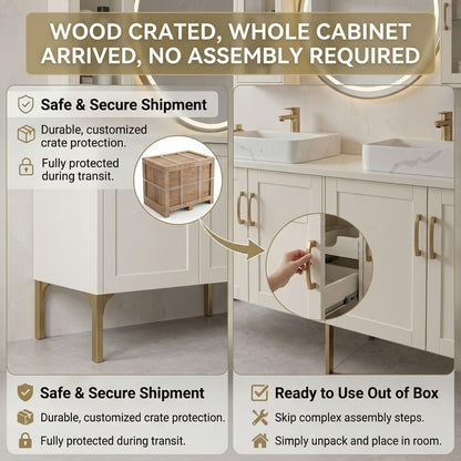 60"-96"White Freestanding Bathroom Vanity with Double Sinks & LED Round Mirror