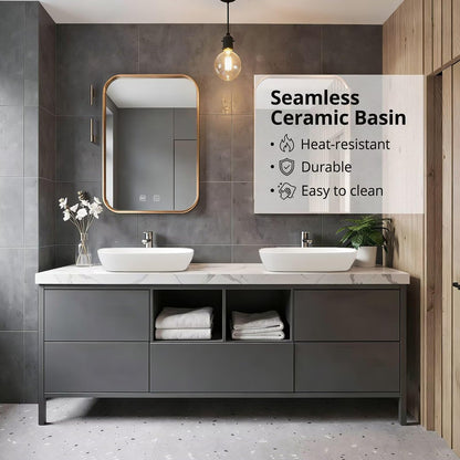 60"-96"Grey Freestanding Bathroom Vanity with Double Vessel Sinks & Gold Frame Mirrors