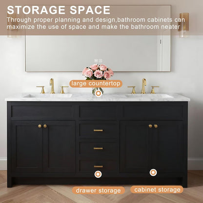 60”-96” Double Sink Freestanding Bathroom Vanity with Marble Top, Black Wood Vanity with Gold Hardware & Large Mirror, Modern Cabinet